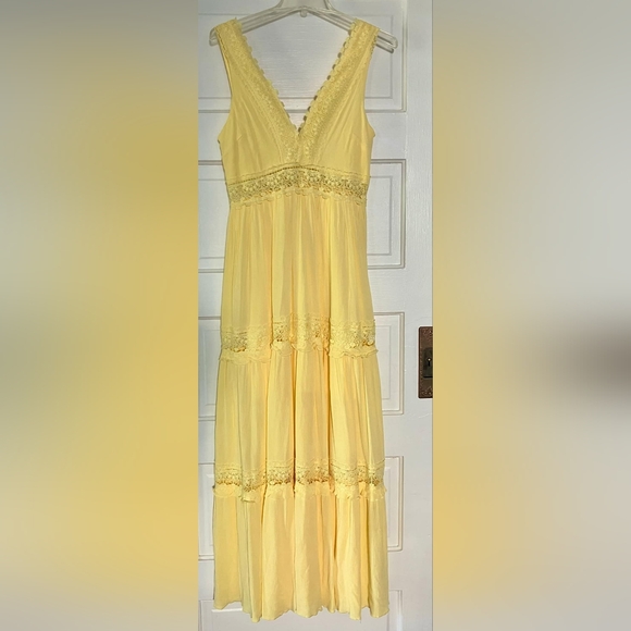 VENUS Dresses & Skirts - Venus Tiered Lace Cutouts Yellow Maxi Dress Boho Western